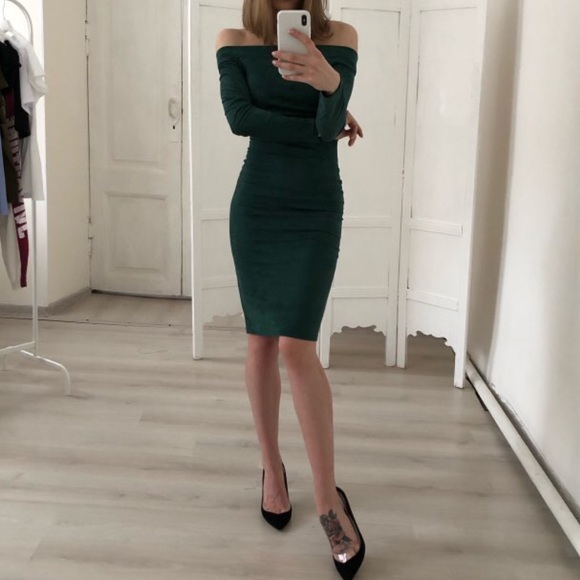 1 Left! Hunter Green Suede Off Shoulder Midi Dress - Picture 6 of 8
